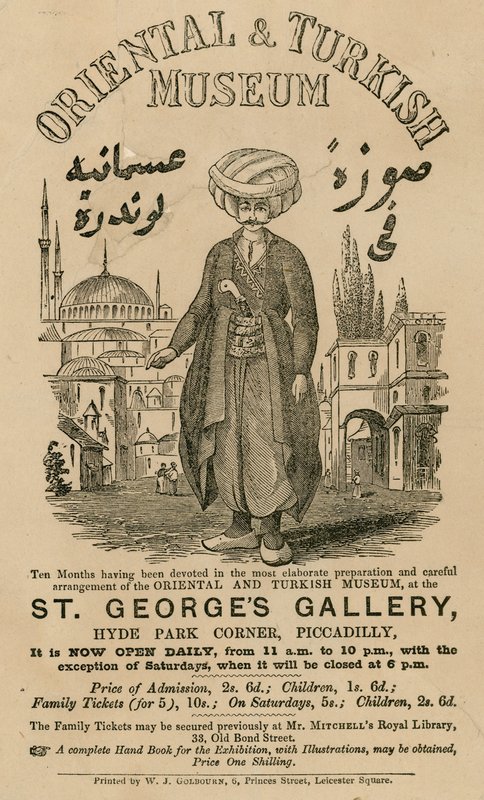 Annonse for The Oriental and Turkish Museum på St Georges Gallery, Hyde Park Corner, Piccadilly, London av English School