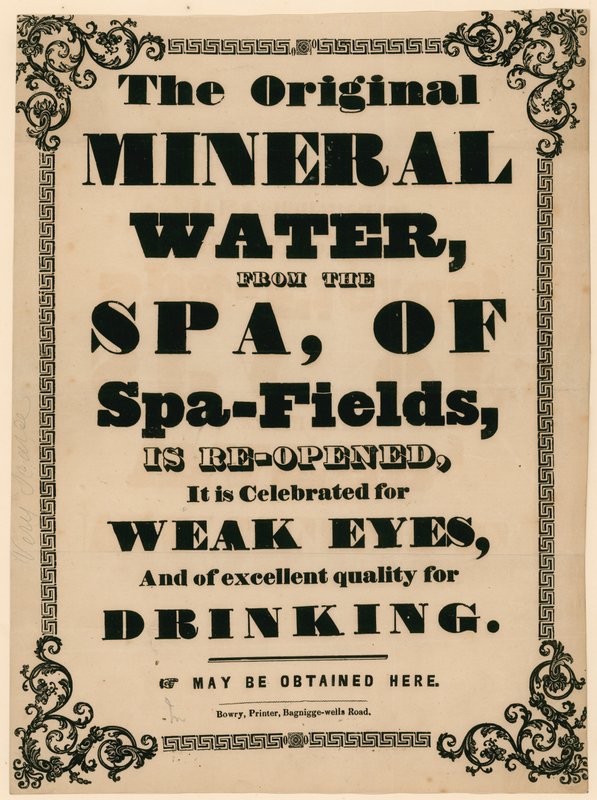 Annonse for det originale mineralvannet fra Spa of Spa-Fields av English School