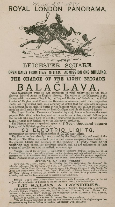 Annonse for The Royal London Panorama med Charge of the Light Brigade på Balaclava av English School
