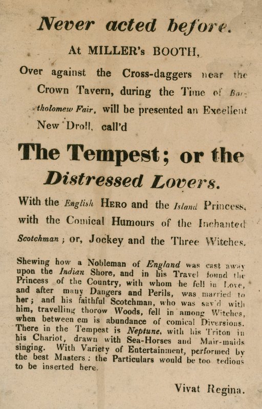 Annonse for The Tempest; eller, The Distressed Lovers, opptrådte på Millers Booth, Cross Daggers, nær Crown Tavern av English School