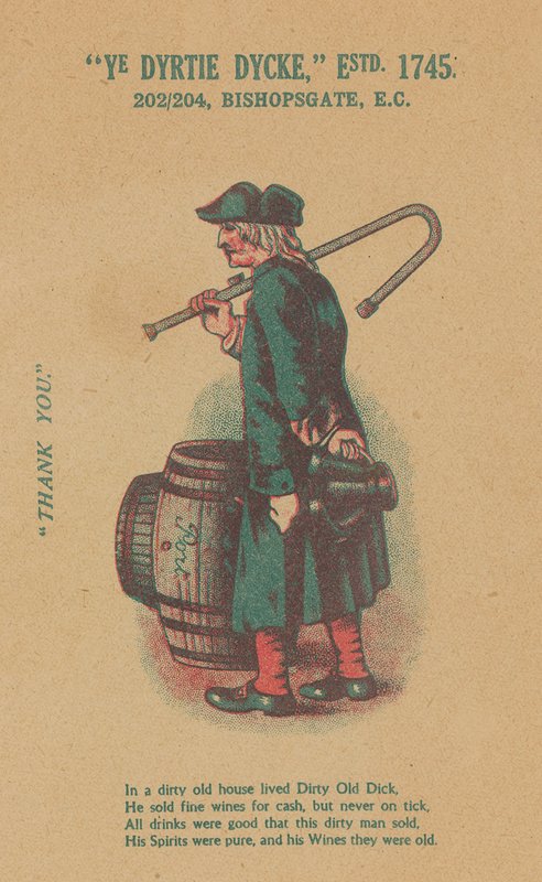 Annonse for Ye Dyrtie Dycke (Dirty Dick), 202-204 Bishopsgate, London av English School