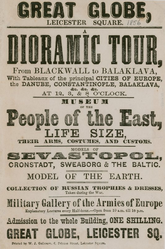 Annonser for en dioramisk tur fra Blackwall til Balaklava, med tablåer over de viktigste byene i Europa av English School
