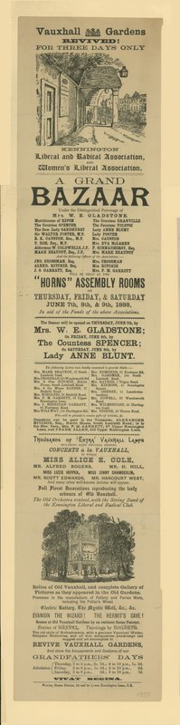 Annonser for en Grand Bazaar i Vauxhall Gardens av English School
