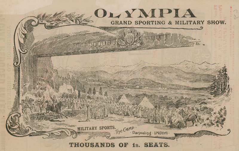 Annonser for et stort sports- og militærshow på Olympia, London av English School