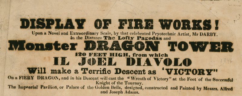 Annonse for en fremvisning av fyrverkeri, Vauxhall Gardens, London av English School
