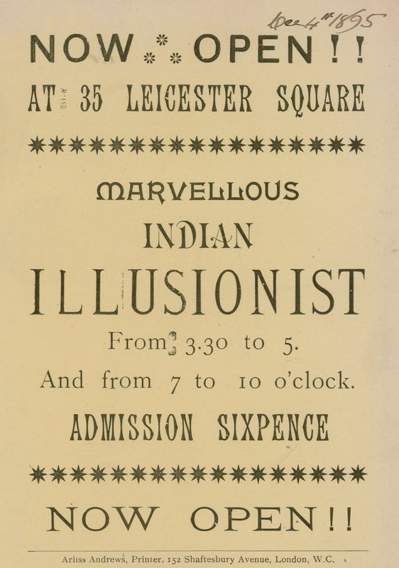 Annonse etter en indisk illusjonist som dukker opp på 35 Leicester Square, London av English School