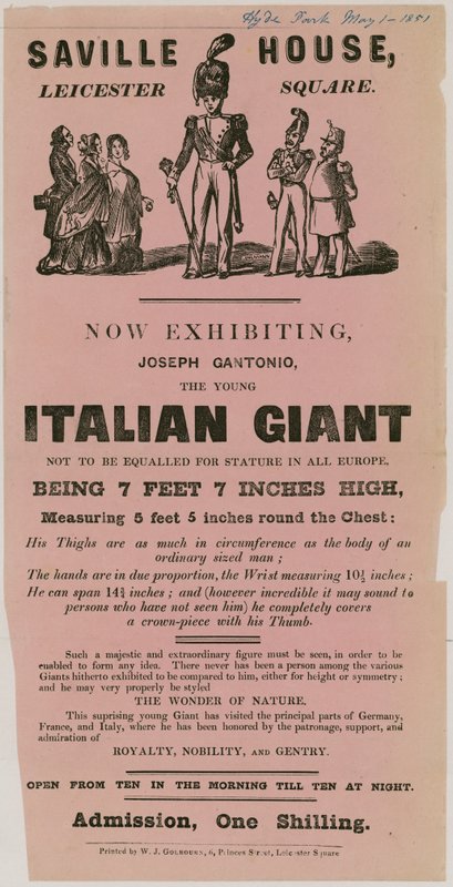 Annonsere for en opptreden av Joseph Gantonio, den unge italienske giganten av English School