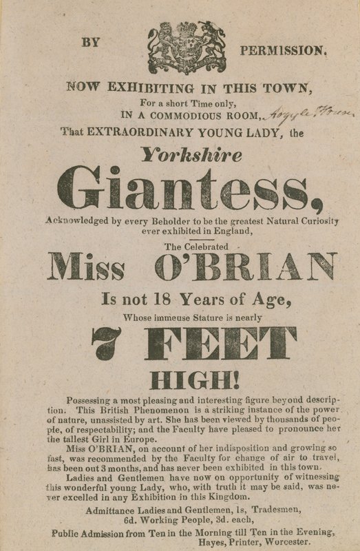 Annonsere for en opptreden av frøken OBrian, Yorkshire-kjempen av English School