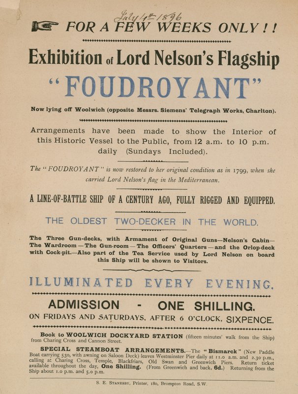 Annonsere for en utstilling av Lord Nelsons flaggskip Foudroyant av English School