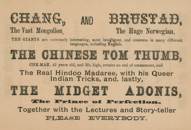 Annonser for opptredener av Chang, Brustad, The Chinese Tom Thumb og The Midget Adonis av English School