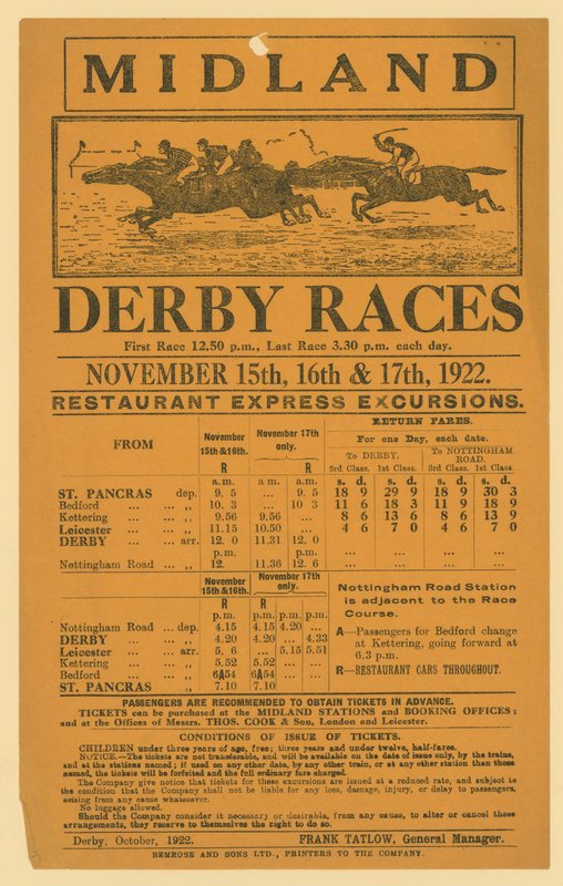 Annonse for jernbaneutflukt til Midland Derby Races, 15.–17. november 1922 av English School