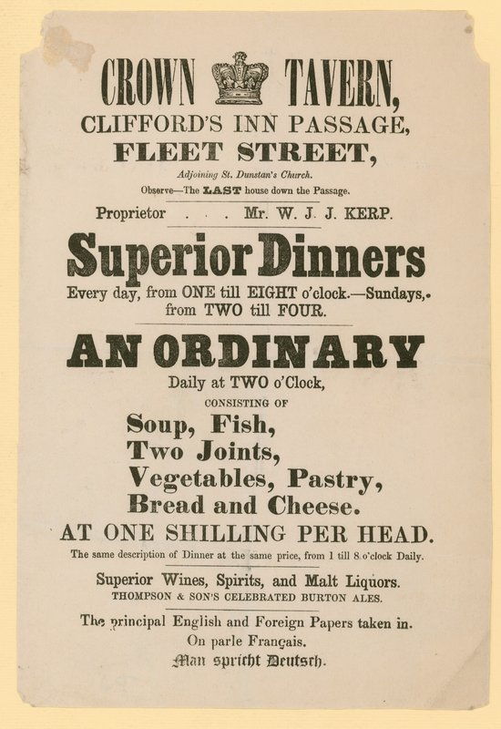 Annonse for Crown Tavern, Cliffords Inn Passage, Fleet Street, London av English School