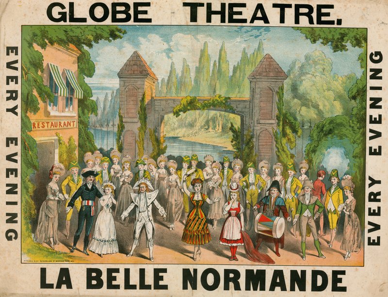 Annonse for Globe Theatre, London, for La Belle Normande av English School