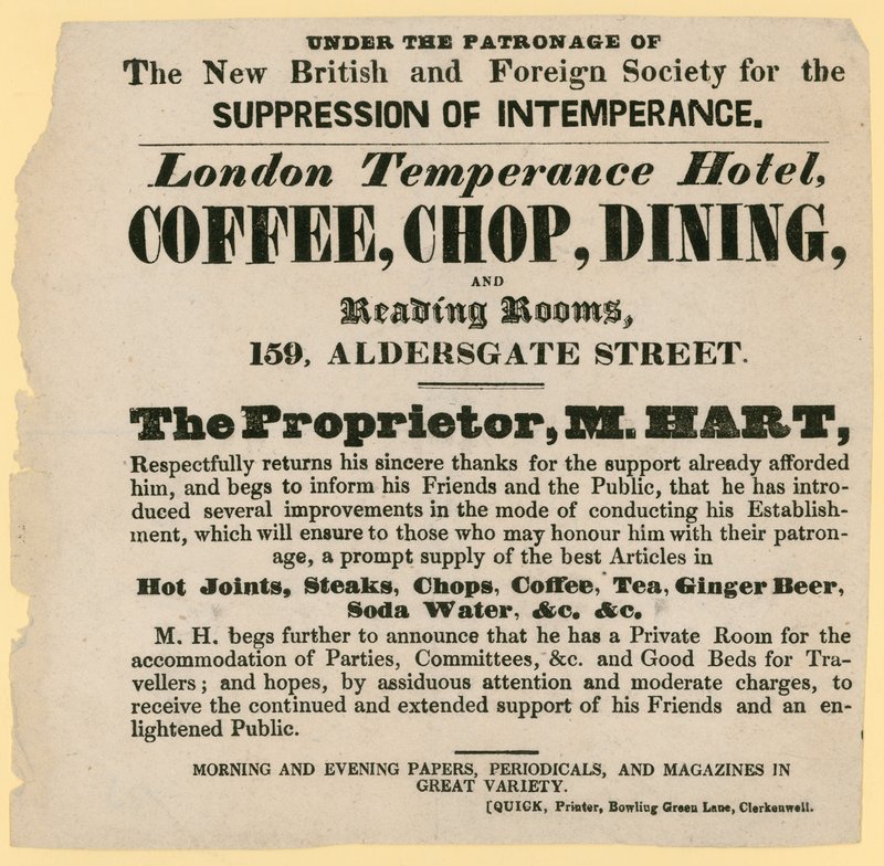 Annonse for London Temperance Hotel, under beskyttelse av New British and Foreign Society for the Suppression of Inmperance av English School