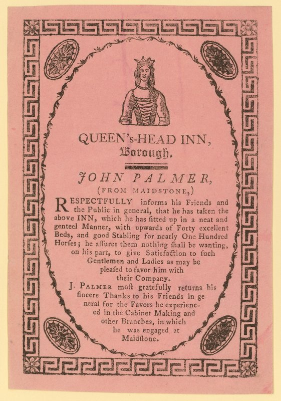 Annonse for Queens Head Inn, Borough, London av English School