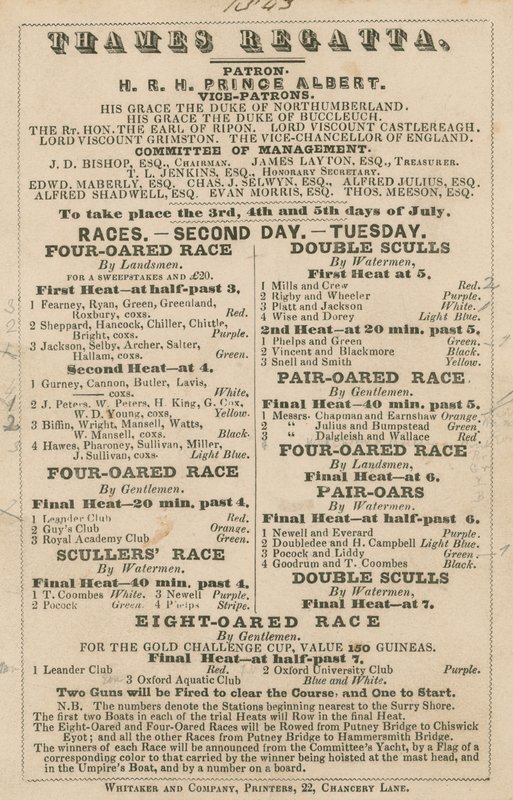 Annonse for Thames Regatta, 1843 av English School