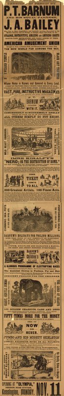 Annonsere for utseendet til P T Barnum og JA Baileys show på Olympia av English School