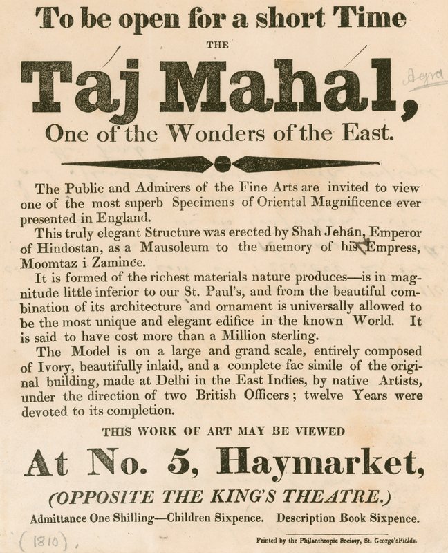 Annonse for utstilling av en modell av Taj Mahal på 5 Haymarket, London av English School
