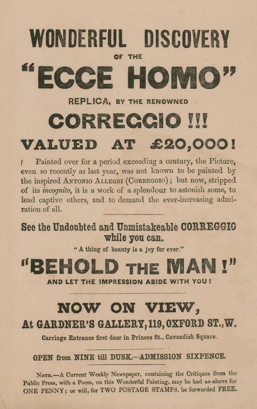 Annonse for utstillingen av en kopi av maleriet Ecce Homo av Correggio (Antonio Allegri) av English School
