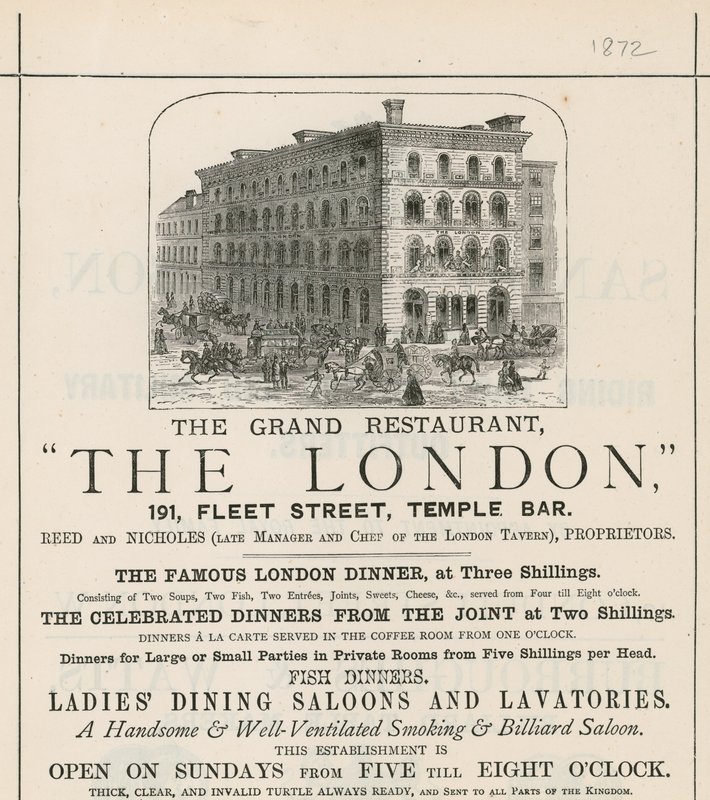 Annonse for den store restauranten The London, 191 Fleet Street, Temple Bar av English School