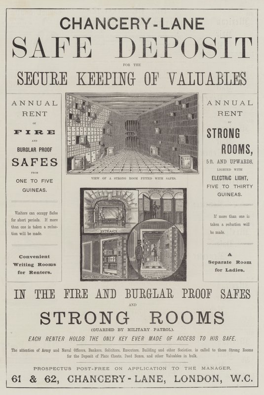 Annonse, Chancery-Lane Safe Deposit (gravering) av English School