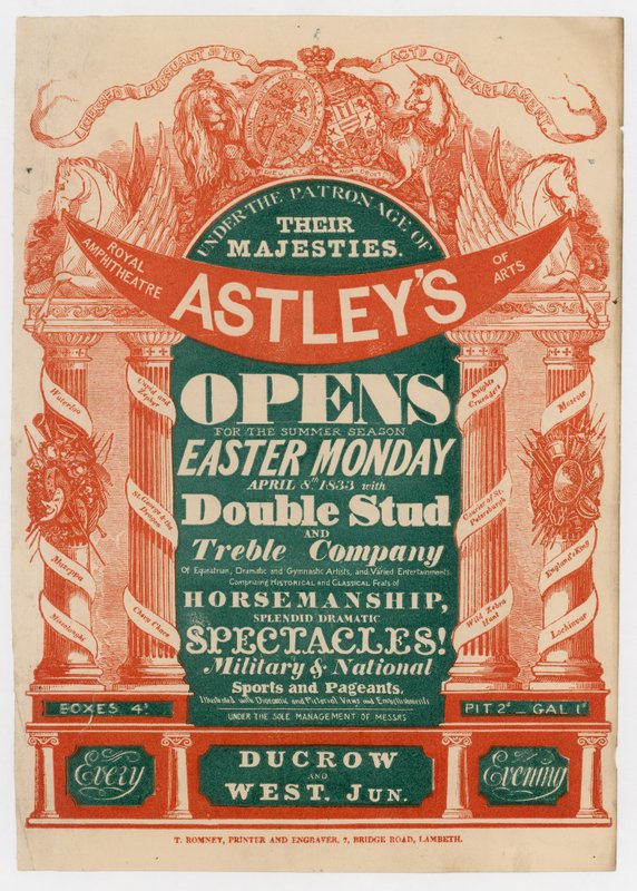 Annonse for Astleys Amphitheatre, åpning for sommersesongen, 8. april 1833 av English School