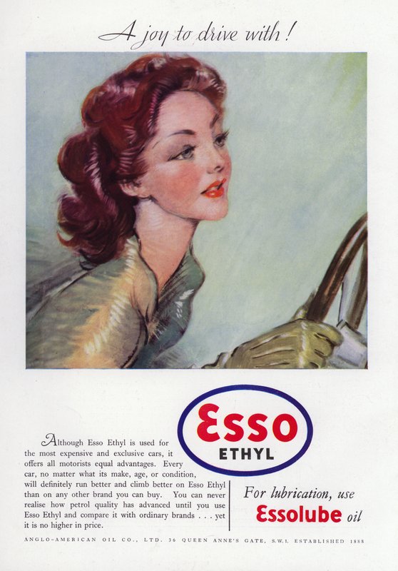 Annonse for Esso Ethyl Oil, som viser glamorøs kvinnekjøring, 1937 av English School