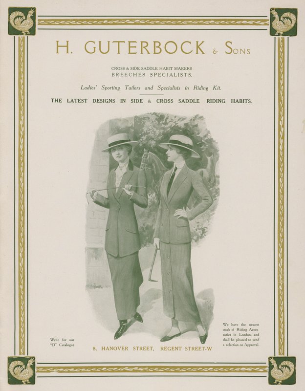 Annonse for H Guterbock & Sons, sportsskredere for damer og spesialister på ridesett (farge litho) av English School