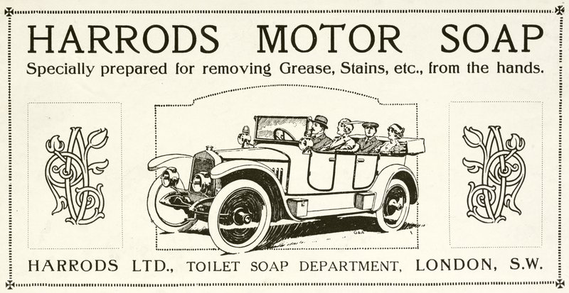 Annonse for Harrods motorsåpe (litho) av English School