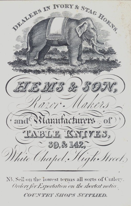 Annonse for Hems & Son, forhandlere av elfenben og hjortehorn, barberhøvelprodusenter og produsenter av bordkniver, London (litho) av English School
