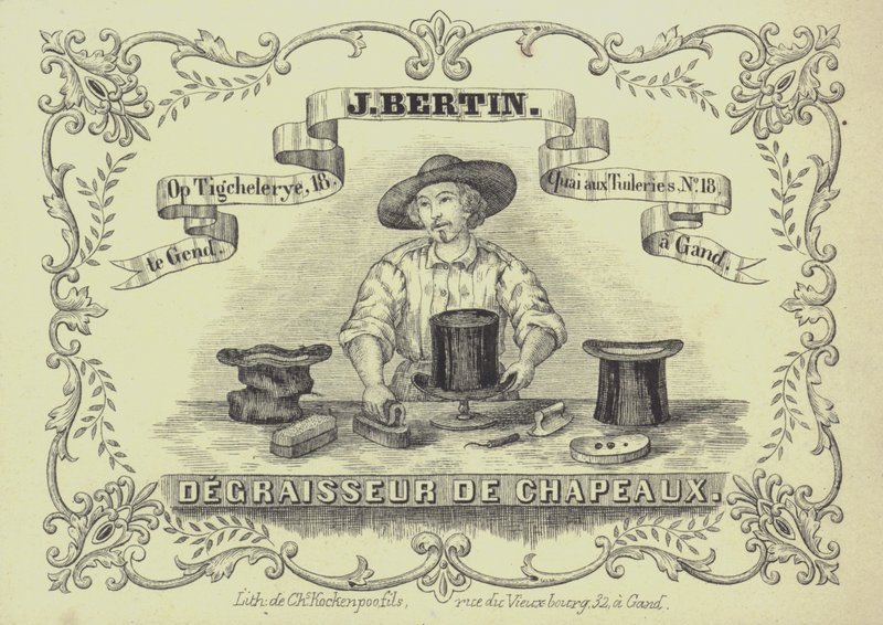 Annonse for J Bertin, hattevasker, Gent, Belgia (litho) av English School