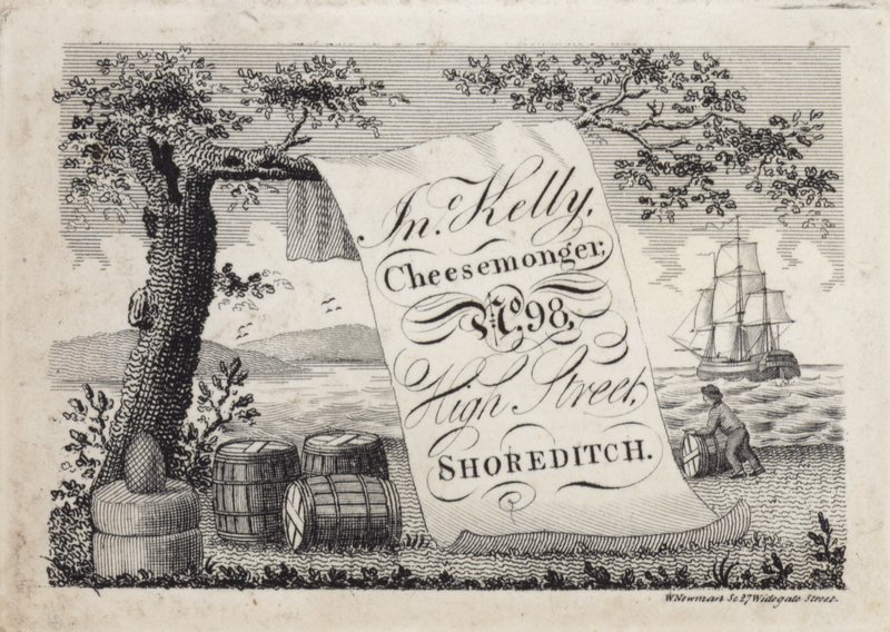 Annonse for John Kelly, ostehandler, 98 High Street, Shoreditch, London av English School
