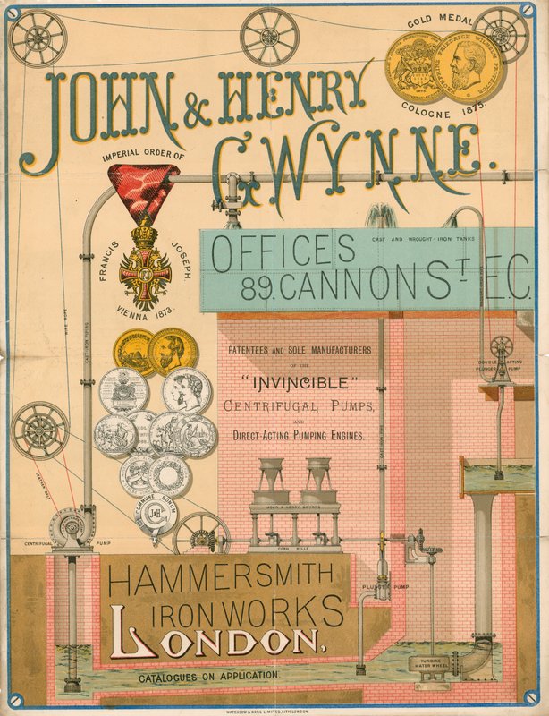 Annonse for John og Henry Gwynne, 89 Cannon Street, London, produsent av Invincible sentrifugalpumpe av English School