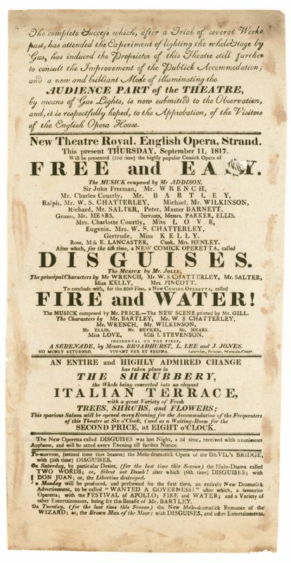 Annonse for New Theatre Royal, English Opera, Strand, London, for 11. september 1817, som nevner gassbelysning av English School