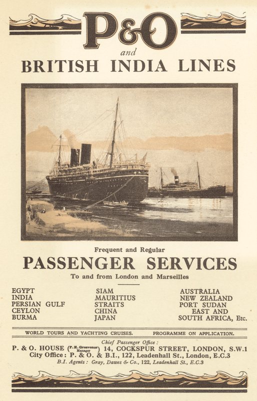 Annonse for P og O og British India Lines (farge litho) av English School