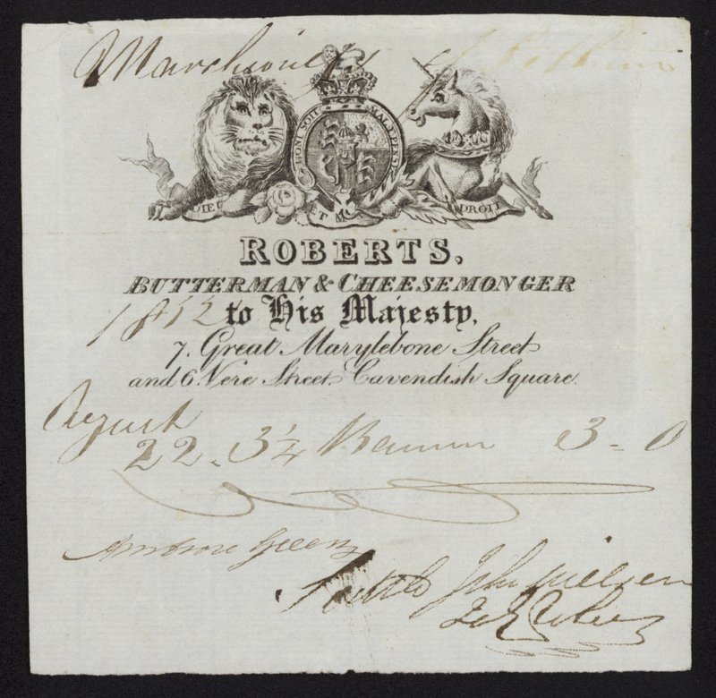 Annonse for Roberts, smørmann og ostehandler, London av English School