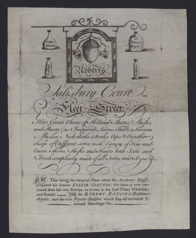 Annonse for Roberts, tøyhandlere, Salisbury Court, Fleet Street, London, hvor Dr Anthony Daffy forberedte sin Elixir Salutis (gravering) av English School