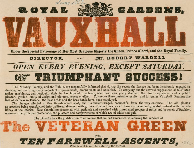 Annonse for Royal Garden, Vauxhall; Vauxhall Gardens, London av English School