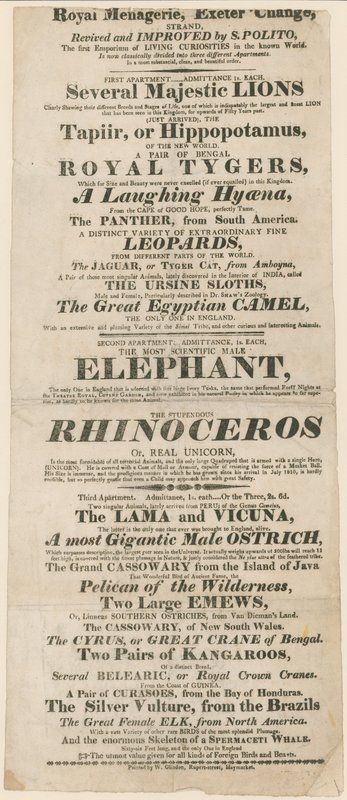 Annonse for Royal Menagerie, Exeter Change av English School