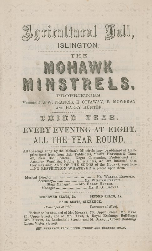 Annonse for The Mohawk Minstrels i Agricultural Hall av English School