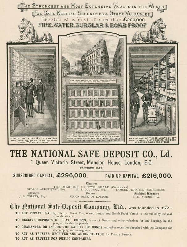 Annonse for The National Safe Deposit Company, 1 Queen Victoria Street, Mansion House, London av English School