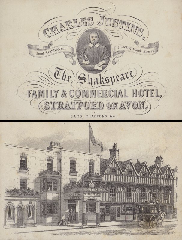 Annonse for The Shakspeare Hotel, Stratford on Avon, Warwickshire (gravering) av English School