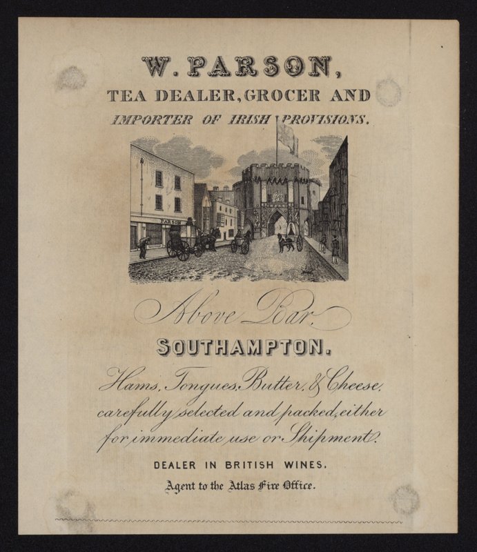 Annonse for W Parson, teforhandler, kjøpmann og importør av irske proviant, Southampton, Hampshire av English School