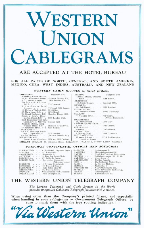 Annonse for Western Union Cablegrams (farge litho) av English School