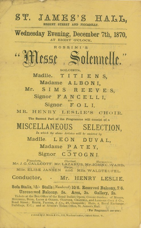 Annonse for en produksjon av Rossinis Messe Solennelle av English School