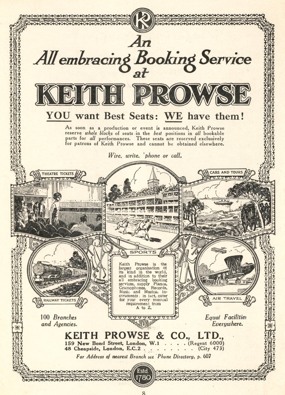 Annonse for billettbestillingstjenestene til Keith Prowse & Co, Ltd (litho) av English School