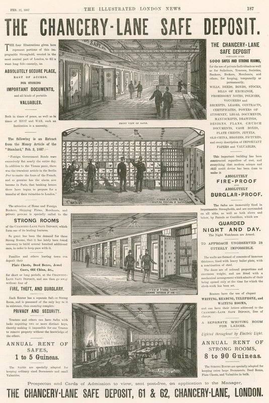 Annonsering for Chancery Lane Safe Deposit, 61-62 Chancery Lane, London; av English School