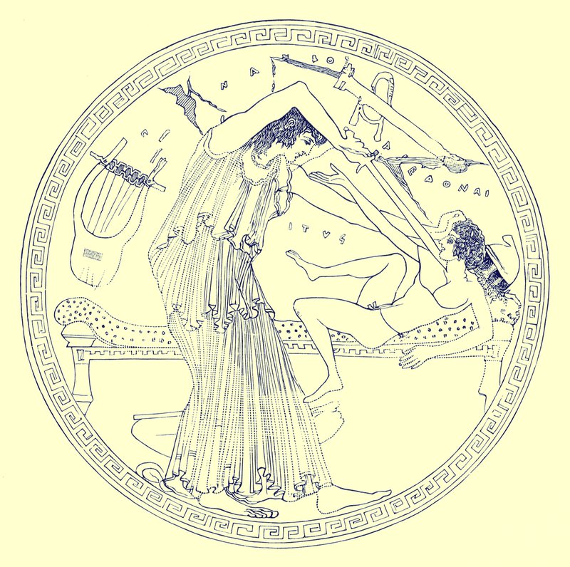 Aedon slays Itys, illustrasjon fra "Greek Vase Paintings" av J. E. Harrison og D. S. MacColl, utgitt 1894 av English School
