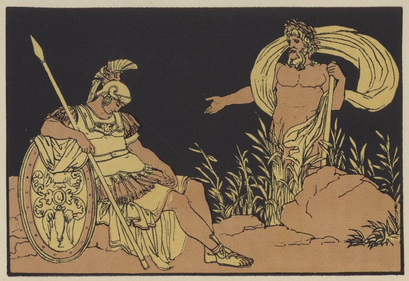 Aeneas og Tiber (farge litho) av English School