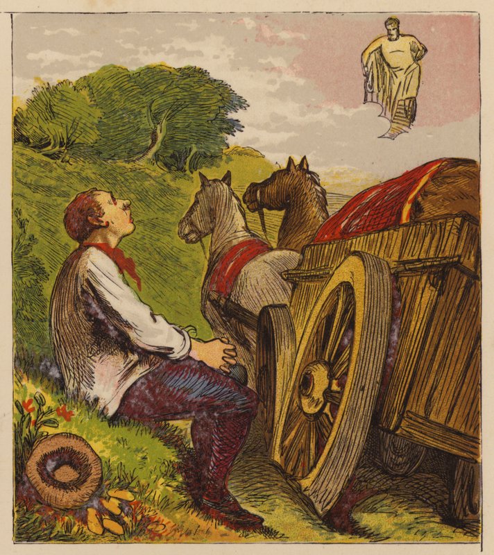 Aesop's Fables: Hercules and the Wagoner (farge litho) av English School